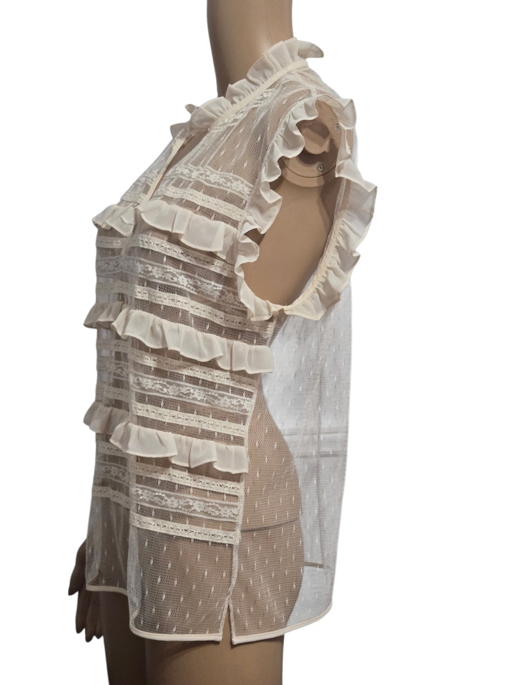 Twinset Milano Cream Lace Ruffle Blouse Sheer Swiss Dot Sleeveless  Top US Small - Picture 3 of 8